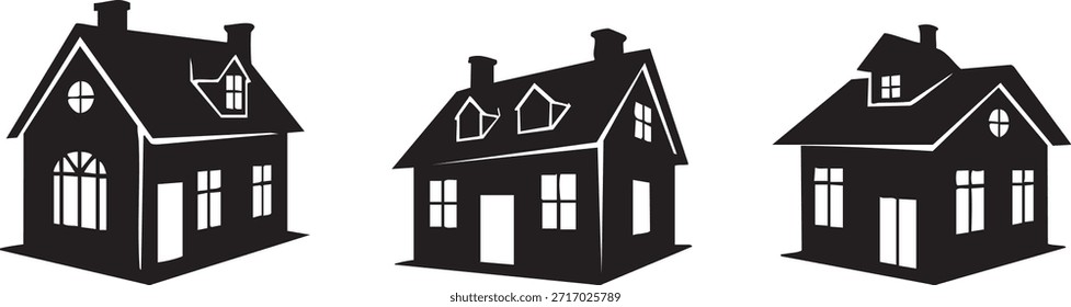 Set von drei Silhouetten aus schwarzem Haus mit Kaminen und Fenstern einzeln auf weißem Hintergrund