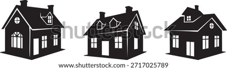 Set of Three Black House Silhouettes with Chimneys and Windows Isolated on White Background