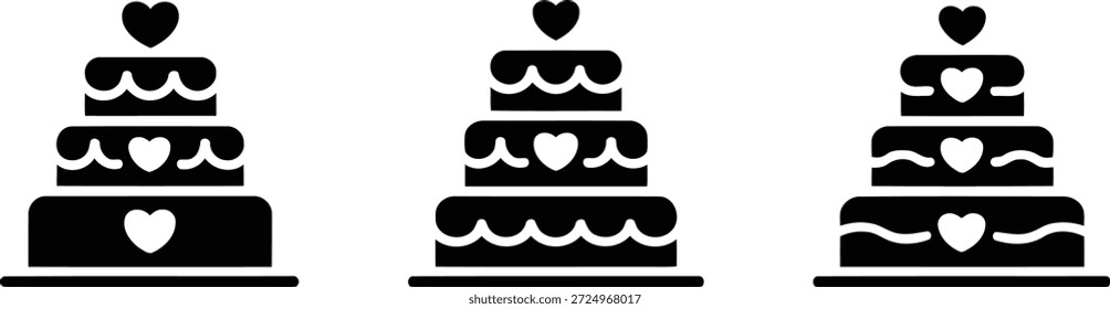 Eine Reihe von drei schwarzen Ikonen-Designs, die mehrstufige Kuchen zeigen, von denen jeder mit einem markanten Herz und welligen Frosting-Details verziert ist.