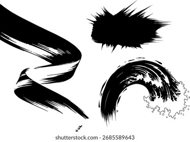 Un conjunto de tres diseños de trazo de pincel de tinta negra: una cinta, una explosión y una onda, cada uno con una textura única y forma dinámica.