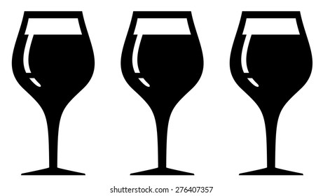 set three black isolated wine glasses silhouette