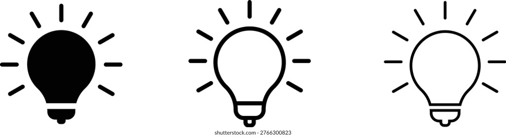 A set of three black light bulb icons in different styles on a pure white background, ideal for representing ideas and inspiration in various design projects.