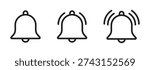 A set of three black line art bell icons on a white background. The icons represent different levels of notification or sound, from a static bell to one with motion lines indicating ringing or an active alert. Ideal for user interface design, mobile applications, and web development.