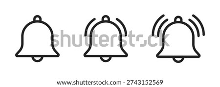 A set of three black line art bell icons on a white background. The icons represent different levels of notification or sound, from a static bell to one with motion lines indicating ringing or an active alert. Ideal for user interface design, mobile applications, and web development.