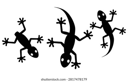A set of three black lizard silhouette icons with unique poses and curved tails, featuring simple gecko-style shapes and star-shaped toes. Perfect for nature, wildlife, reptile, animal, logo, sticker, and graphic design projects.