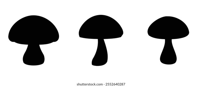 Set of three black mushroom silhouettes with simple, clean shapes on a white background, ideal for icons, logos, or design elements