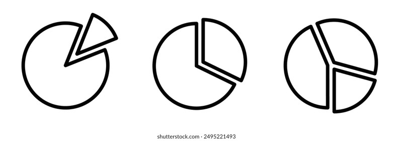 Satz von drei schwarzen Umrissabbildungen von Kreisdiagrammen mit verschiedenen Segmentkonfigurationen. Vektorillustration. Bearbeitbarer Strich.