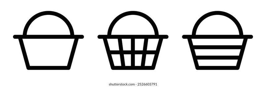 Set of three black outline shopping baskets, representing purchasing, retail, and consumer goods. Editable stroke.