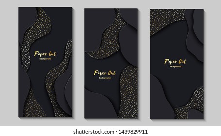 Set of three black paper cut 3d banners. Abstract realistic papercut wavy layers with golden sparkles. Vector illustration of vertical flyer layout template. Dark backdrop material design concept