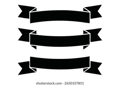 Ensemble de trois bannières de ruban noir aux extrémités pointues, disposées verticalement sur fond blanc. Ces éléments graphiques sont idéaux pour les titres, les étiquettes ou les accents décoratifs.