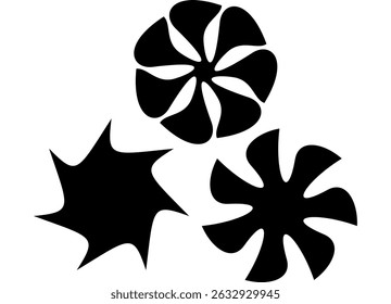 Set of three black round patterns on a white background. Design elements for advertising, packaging, printing. Vector background. Flowers, stars