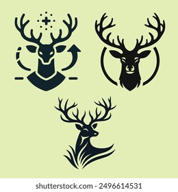 Set of three black silhouette deer head, floral illustrations with antlers color background