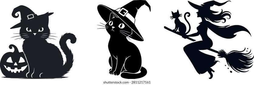 A set of three black silhouette graphics representing classic Halloween day imagery: a witch on a broom, a cat in a hat, and a pumpkin.