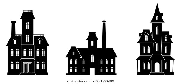set of three black silhouette haunted houses building illustrations on transparent background