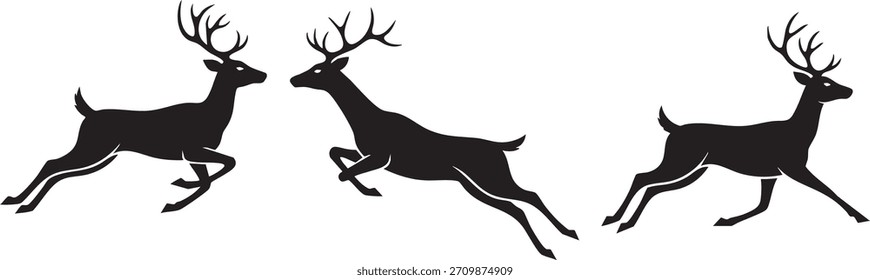 Um conjunto de três ilustrações de silhueta preta representando um veado macho com galhadas em vários estágios de movimento de corrida ou salto, apresentado claramente contra um fundo branco escuro para fácil utilização.