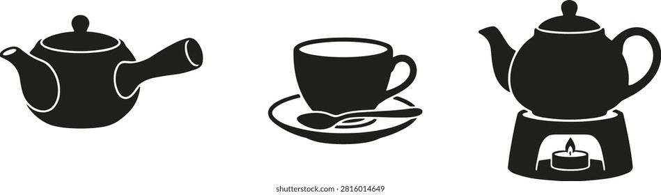Set of three black silhouette illustrations related to tea culture, including a Japanese-style teapot, a teacup with saucer and spoon, and a teapot on a candle warmer. Ideal for kitchen decor, cafe branding, menu graphics, and vector art inspired by tea preparation and serving.