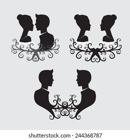 Set of three black silhouette pairs of brides and grooms. Vector illustration for your graphic design.