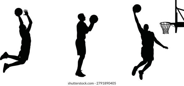 Set of three black silhouettes of basketball players in action poses including jumping and dunking isolated on white background

