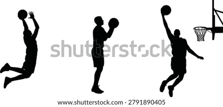Set of three black silhouettes of basketball players in action poses including jumping and dunking isolated on white background
