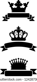Set of three black silhouettes of king crown with ribbons