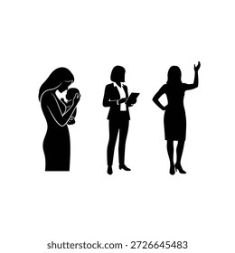 Un conjunto de tres siluetas negras que representan los diversos roles de las mujeres en la sociedad moderna: madre, profesional y líder.