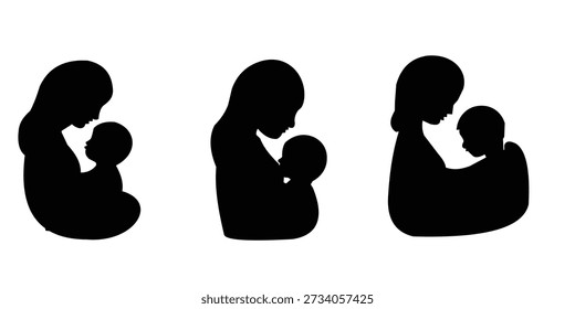 Set von drei schwarzen Silhouetten, die Mutter darstellen, die ihr Baby oder ihr Kind hält und umarmt, die Mutterschaft und Liebe symbolisieren