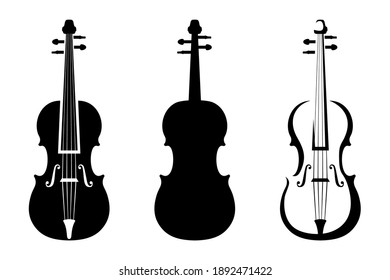 Set of three black silhouettes of violins isolated on a white background. Vector illustration.