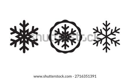 A set of three black snowflake icons featuring bold, delicate, and badge-style designs for seasonal use.
