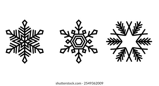 Set of three black snowflakes in unique symmetrical designs. Flat style icons isolated on white background.