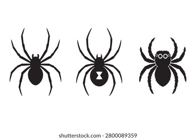 Set of three black spider silhouettes and icons