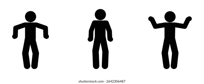 Set of three black stick figures in different hand gestures on transparent background. Simple flat vector illustration showing communication, emotions, or instructions with expressive poses.