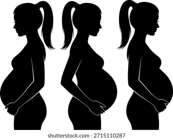 Conjunto de tres siluetas de Vector negro que muestran el perfil de una mujer embarazada sosteniendo su topetón de bebé. Aislado en un fondo blanco.