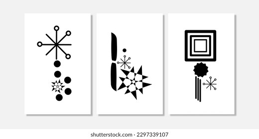 Set three of black and white abstract mid century poster for scandinavian home. Monochrome wall decorations with geometry shapes. Collection of aesthetic wall decor, home decor and wallpaper.