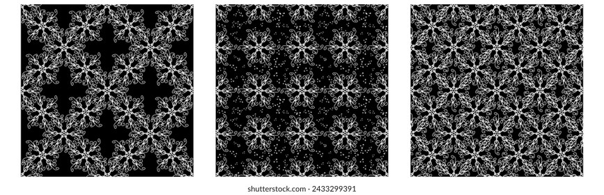 set of three black and white abstract patterns, seamless repeat, lace motif, hand drawn doodle style, for textile, backgrounds, your design