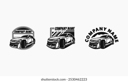 Un conjunto de tres diseños de logotipos de automóviles en blanco y negro con un automóvil y el texto "Nombre de la empresa".
