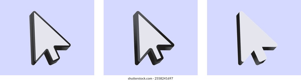 A set of three black and white cursor icons displayed on a light background, showcasing the classic arrow shape frequently used in digital interfaces.