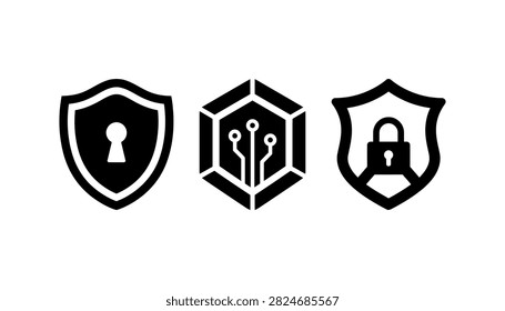 A set of three black and white cybersecurity icons featuring a shield with a keyhole, a digital circuit hexagon, and a shield with a padlock, representing data protection and digital security.