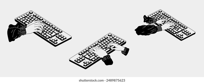 Set of three black and white female hands working on keyboard. Working, studying, work from home concept.