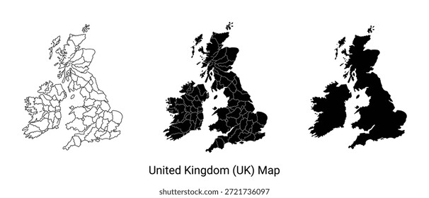 Um conjunto de três gráficos em preto e branco ilustrando o mapa do Reino Unido em diferentes estilos: um contorno pontilhado, um preenchimento pontilhado e uma silhueta sólida. O texto "Reino Unido (UK) Ma