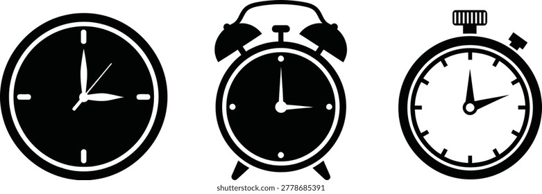 A set of three black and white icons featuring a clock, alarm clock, and stopwatch on a plain white background.