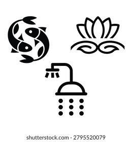 A set of three black and white icons featuring a stylized fish, a lotus flower with eyes, and a shower head with water droplets on a pure white background