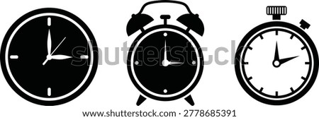 A set of three black and white icons featuring a clock, alarm clock, and stopwatch on a plain white background.