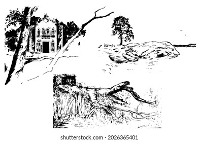 A set of three black and white landscapes with an old house, trees, driftwood, boats and a lake. Vector illustration.