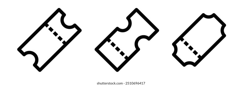 Conjunto de três ícones de ingressos com linhas em preto e branco, representando admissão, eventos e entretenimento. Ilustração vetorial. Traçado editável.