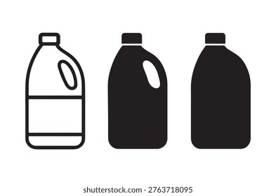 A set of three black and white plastic jug icons, varying in shape and fullness.
