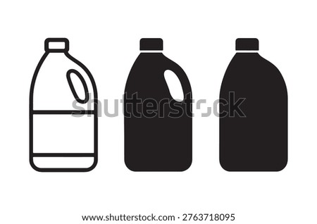 A set of three black and white plastic jug icons, varying in shape and fullness.