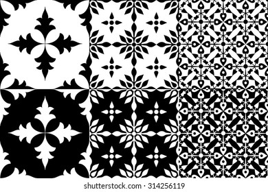 Set of three black and white seamless patterns. 3 simple patterns with oriental motifs leaves and branches.