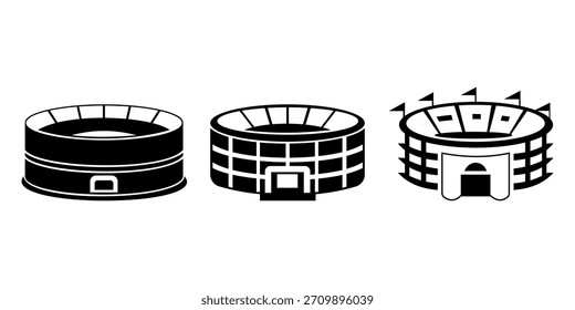 Set of three black and white stadium icons in different architectural styles, isolated on a white background