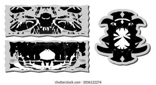 In drei schwarz-weißen Aufklebern mit Silhouetten von Dämonenköpfen und Monstern