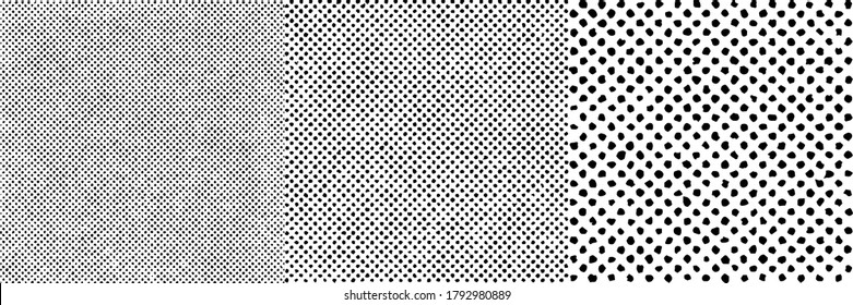 Set of three black and white vector seamless textures. Polka dot patterns